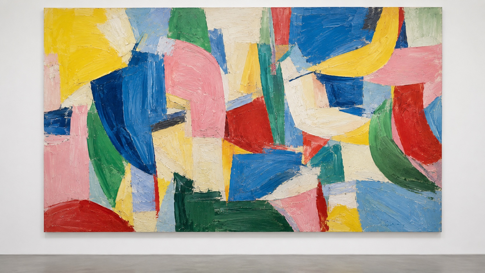 Rough rectangles of yellow, blue, pink, red and green paint laid edge to edge on a gallery wall.