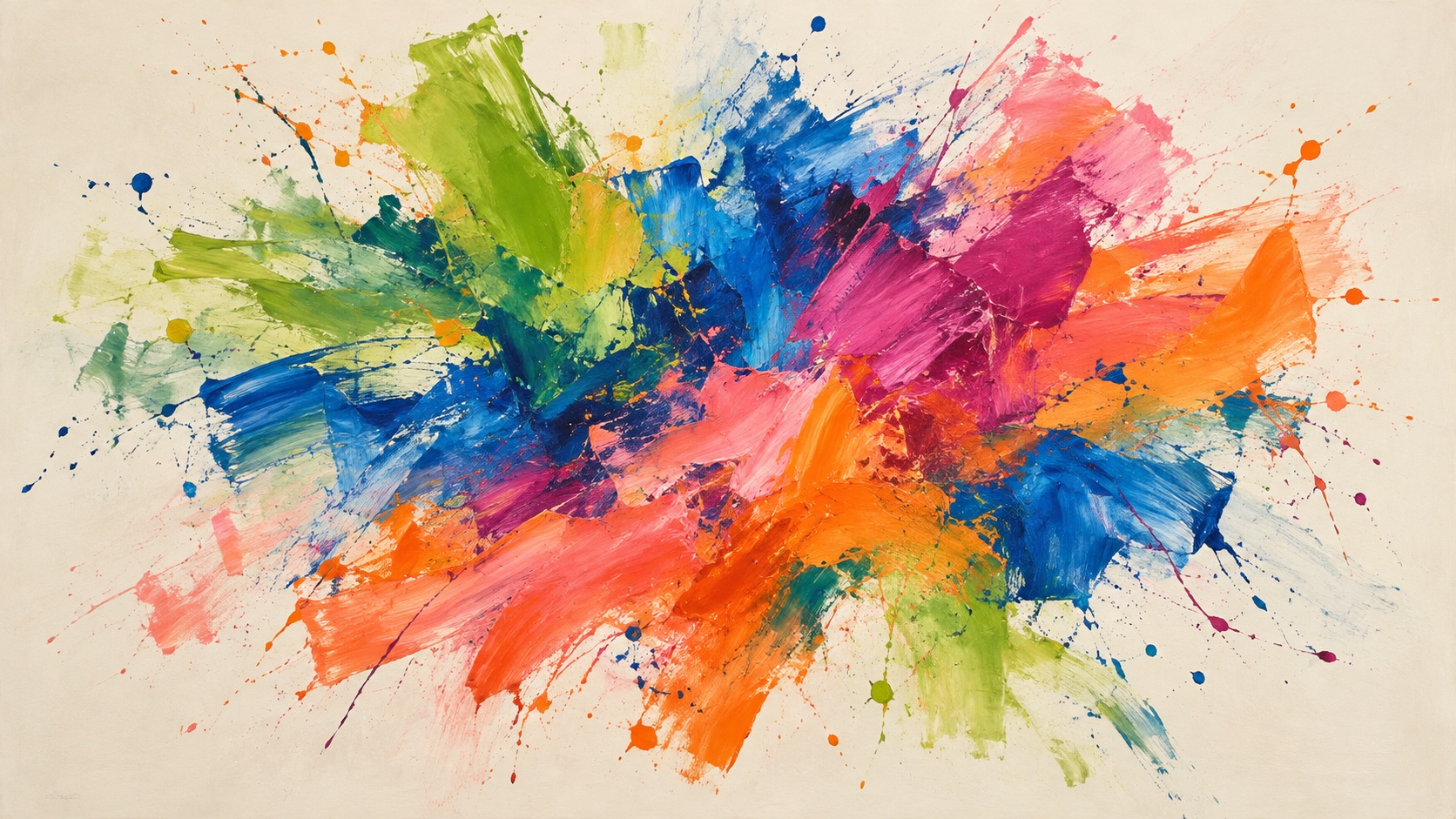An explosive burst of pink, orange, blue, yellow and green paint splattered out from the centre of a pale canvas.