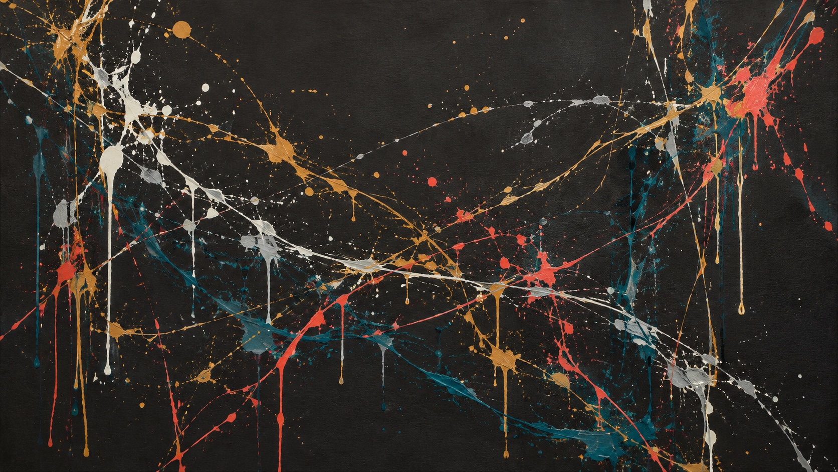 Thin drips of white, orange and teal paint tangled across a black canvas.