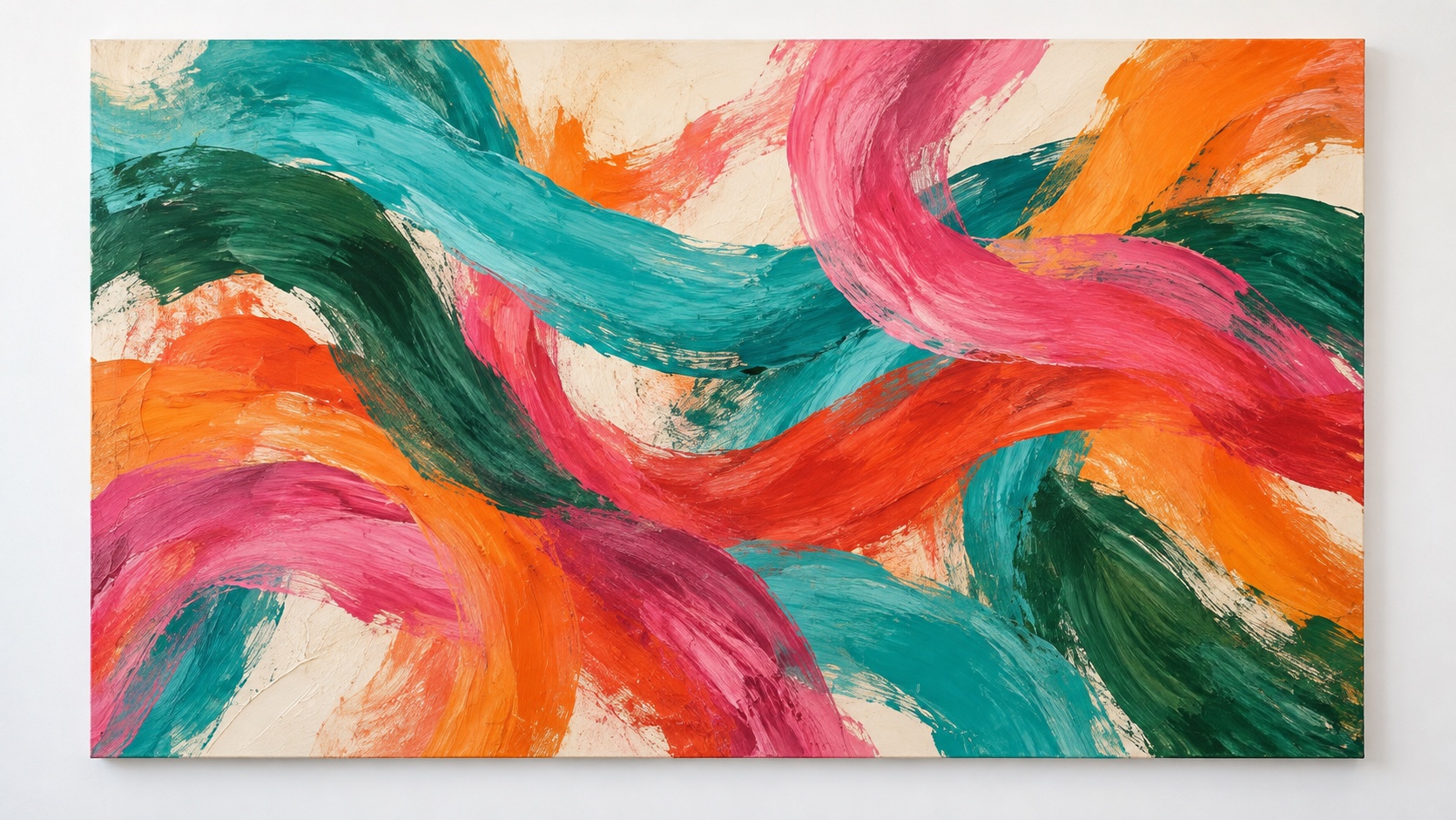 Broad sweeping brushstrokes in teal, pink, orange and green looping across a large canvas.