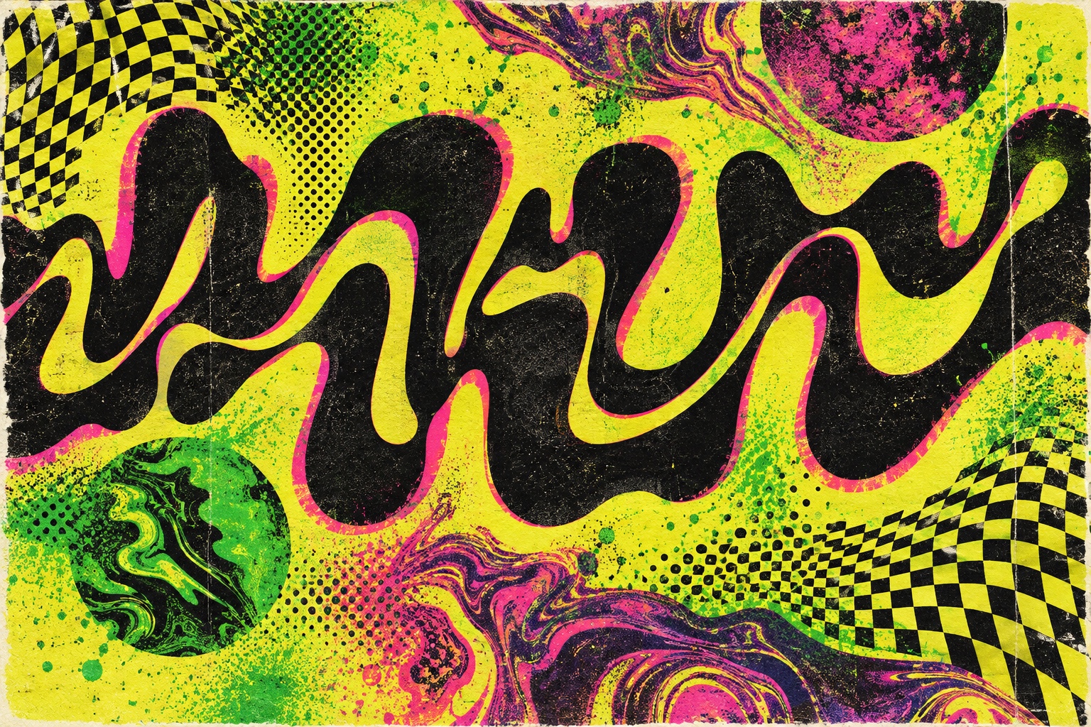 Black liquid forms stretch across acid-yellow paper with magenta misregistration and marbled details.