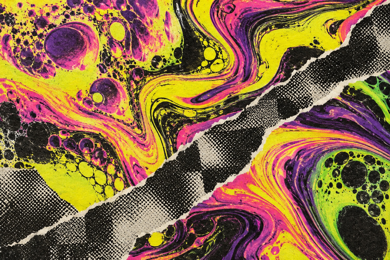 Fluorescent marbled inks flow around a torn strip of coarse black halftone.