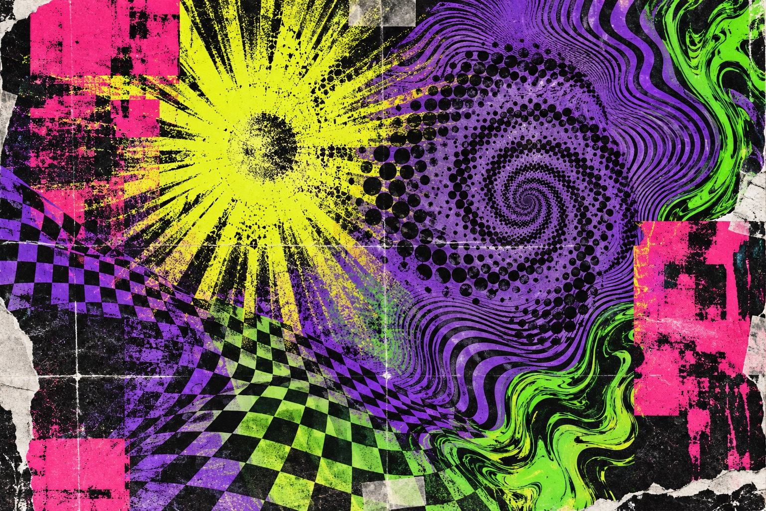 A yellow burst collides with violet moire waves, warped grids and solvent-worn magenta blocks.