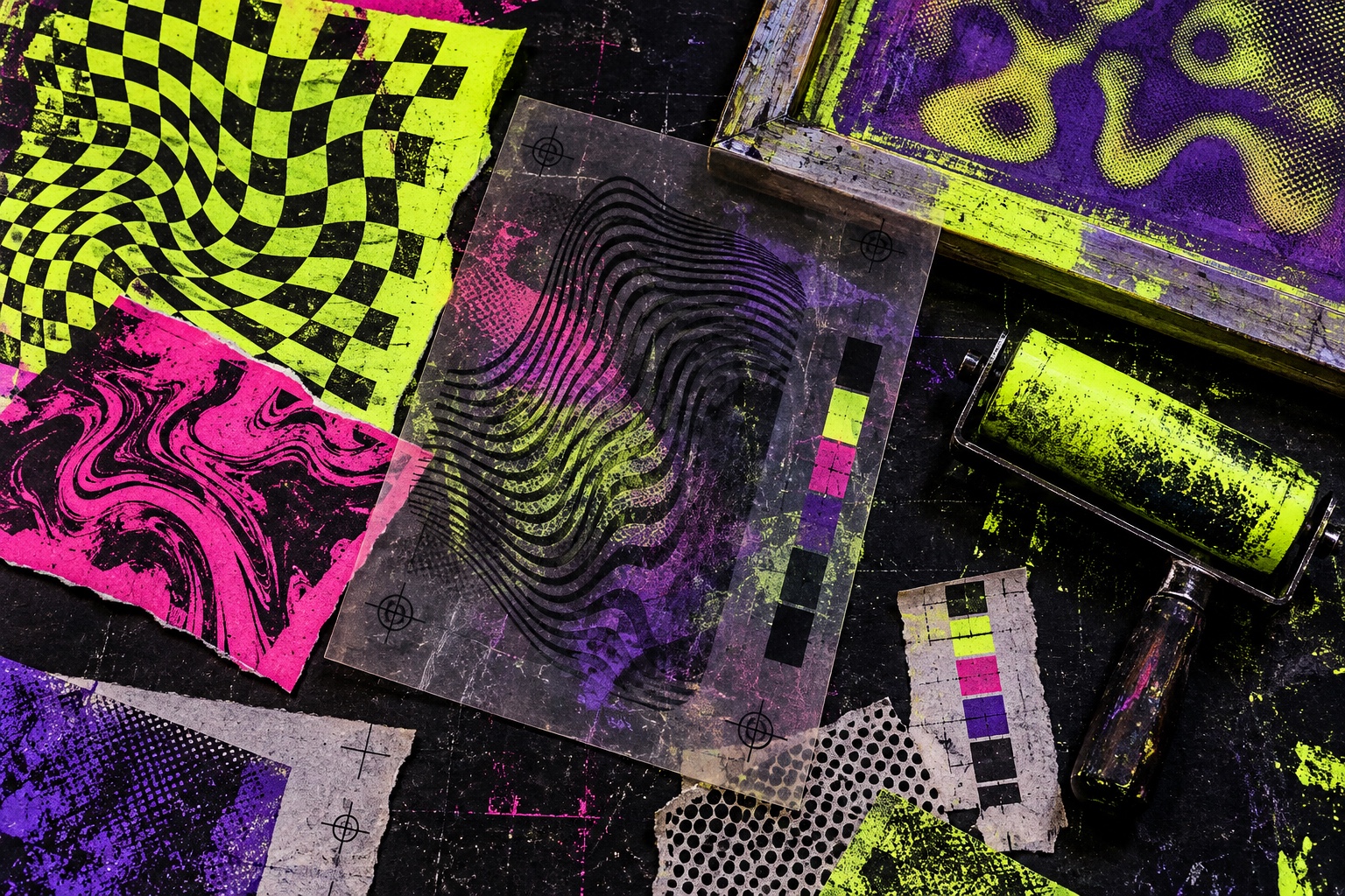 Fluorescent test prints, acetate, a mesh screen and an ink roller cover a printmaking table.
