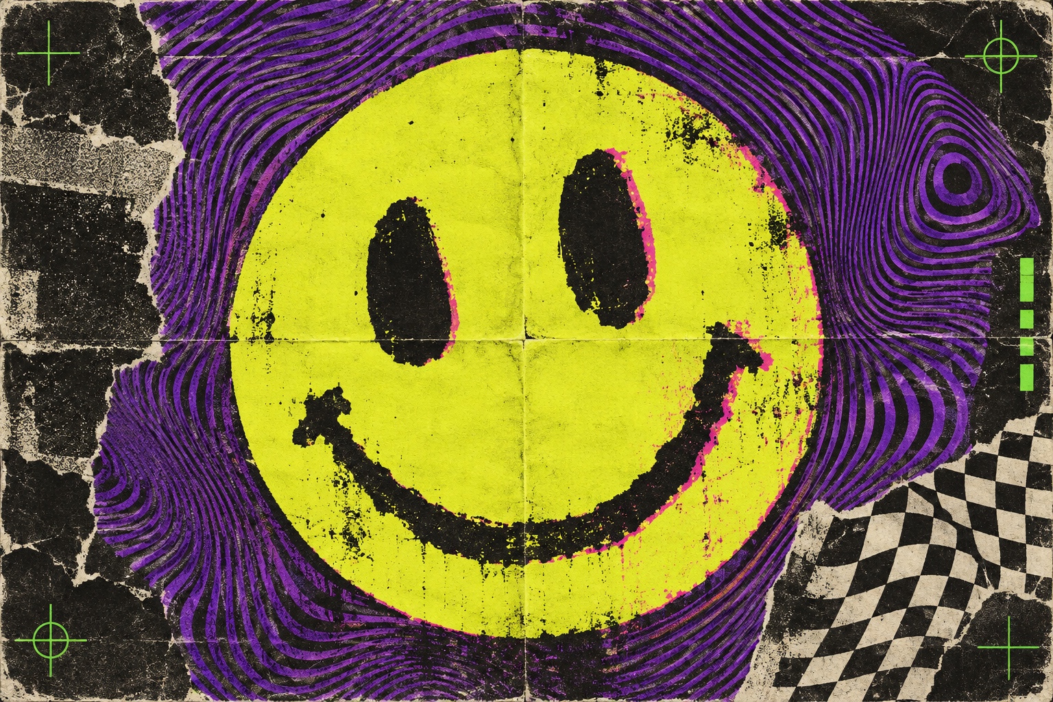 One imperfect acid-yellow smiley is screen printed over violet moire waves and torn checker fragments.
