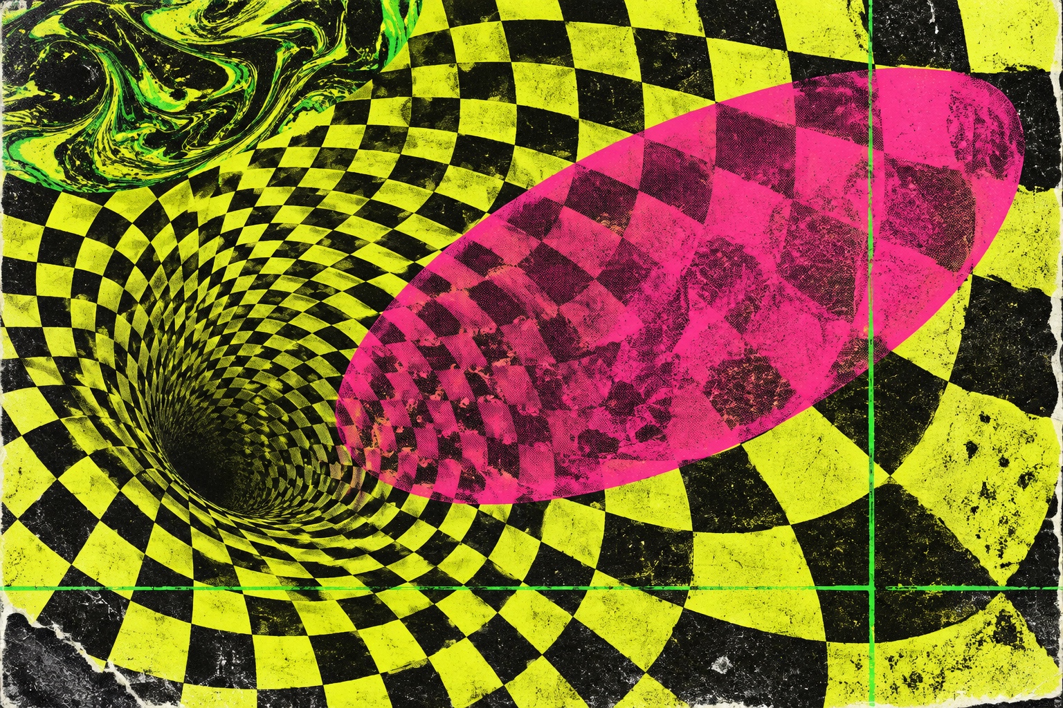 An acid-yellow checker grid collapses into a vortex beneath a hot-magenta overprint.