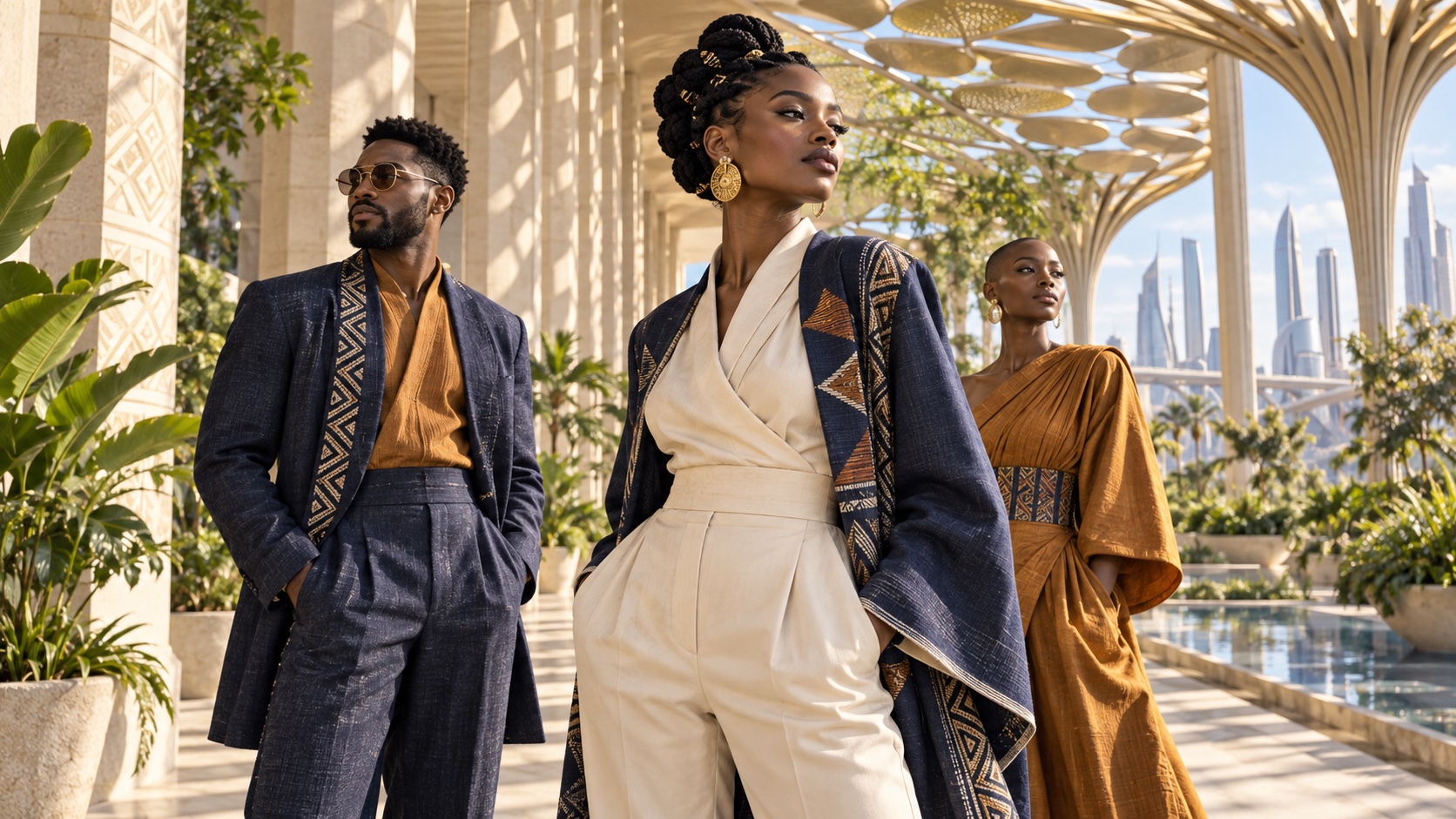 Three people in tailored indigo, cream and ochre with patterned wraps and a headwrap, under white arches and palms.