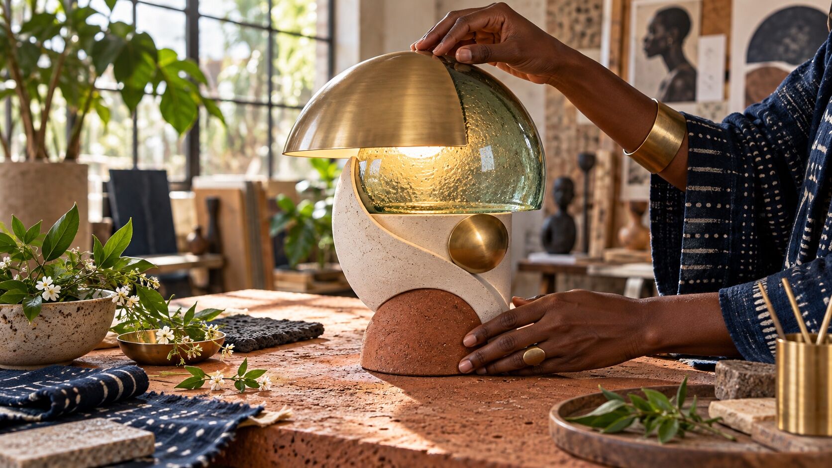 Hands set a brass and glass lamp on a studio table among woven textiles, carved objects and plants.