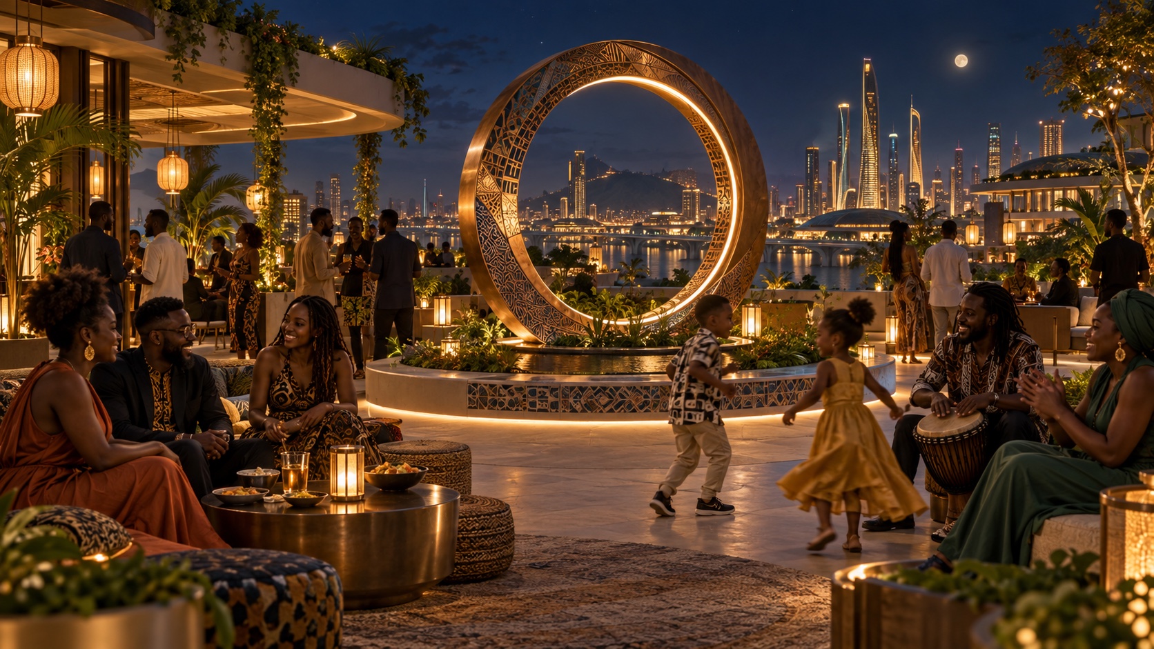 A crowd dancing and talking on a lit plaza at night around a glowing ring sculpture, towers on the skyline.