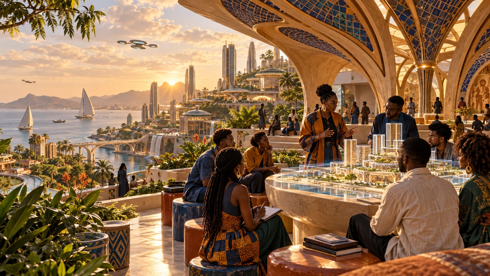A terrace under a carved timber canopy, people gathered round a table of city models, towers and boats on the bay beyond.