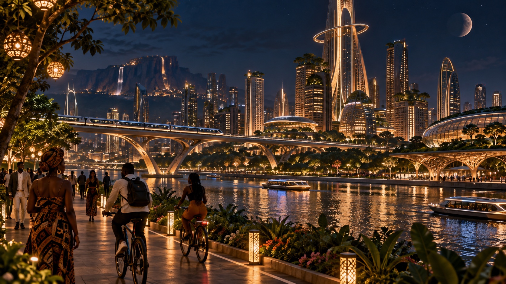Cyclists and walkers on a planted riverfront promenade at dusk, lit towers and a crescent moon over the water.