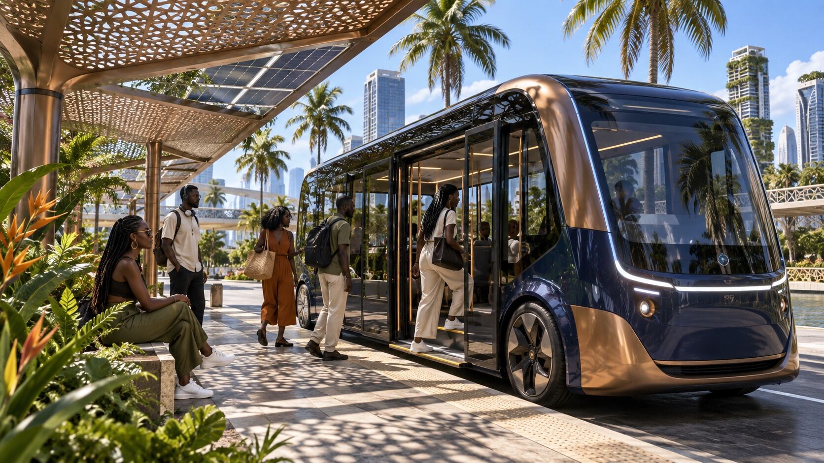 Passengers board a sleek solar-roofed bus under a timber canopy, palms and towers behind it.