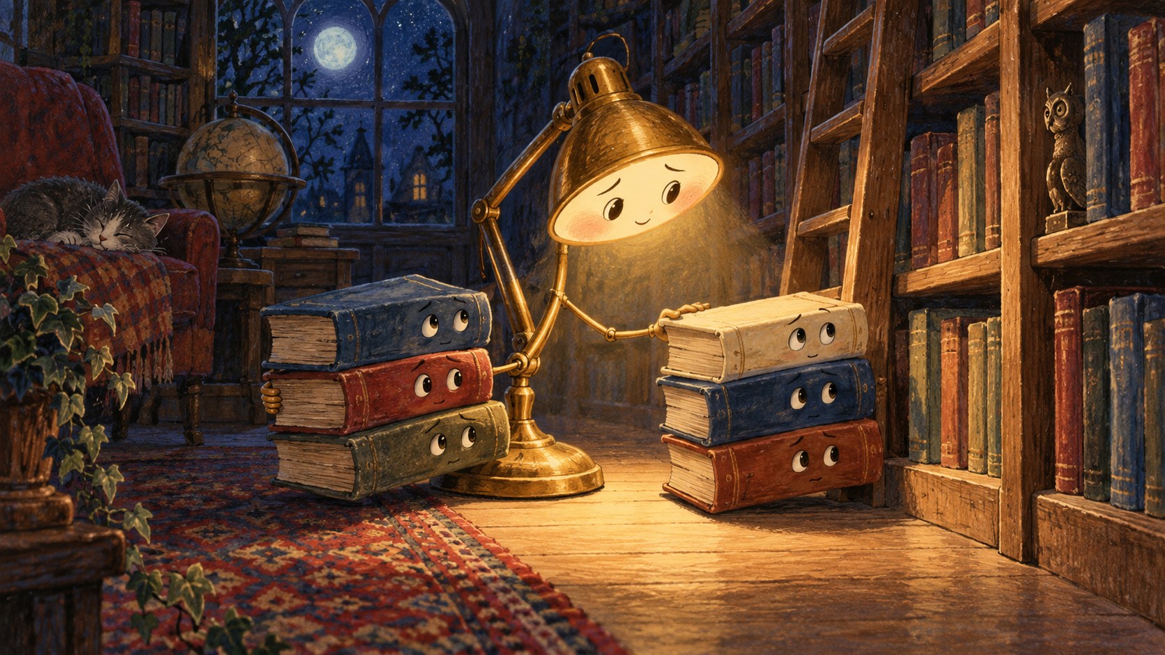 A brass desk lamp with a gentle face reads to stacks of wide-eyed books in a moonlit library.
