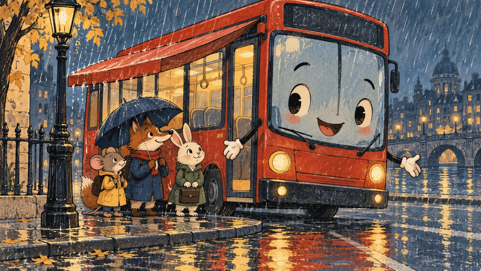 A smiling red bus greets a fox, a mouse and a rabbit in raincoats under an umbrella at a lamplit stop in the rain.
