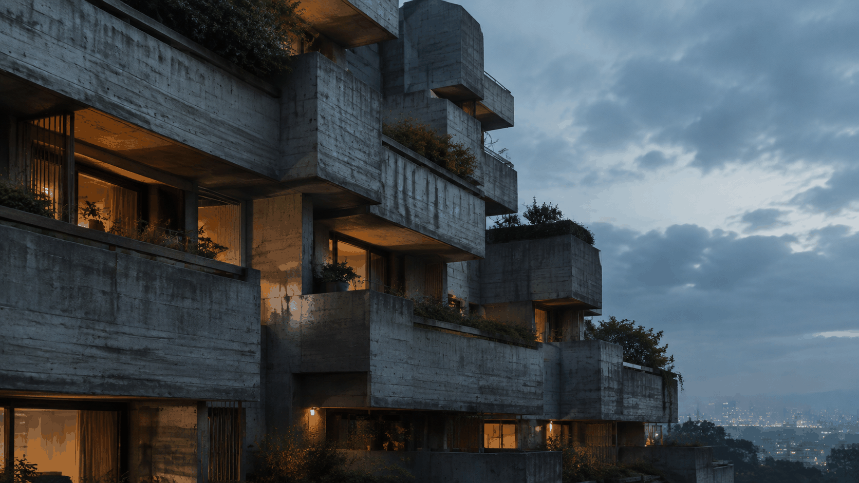 Brutalist Architecture aesthetic: Housing dossier scene