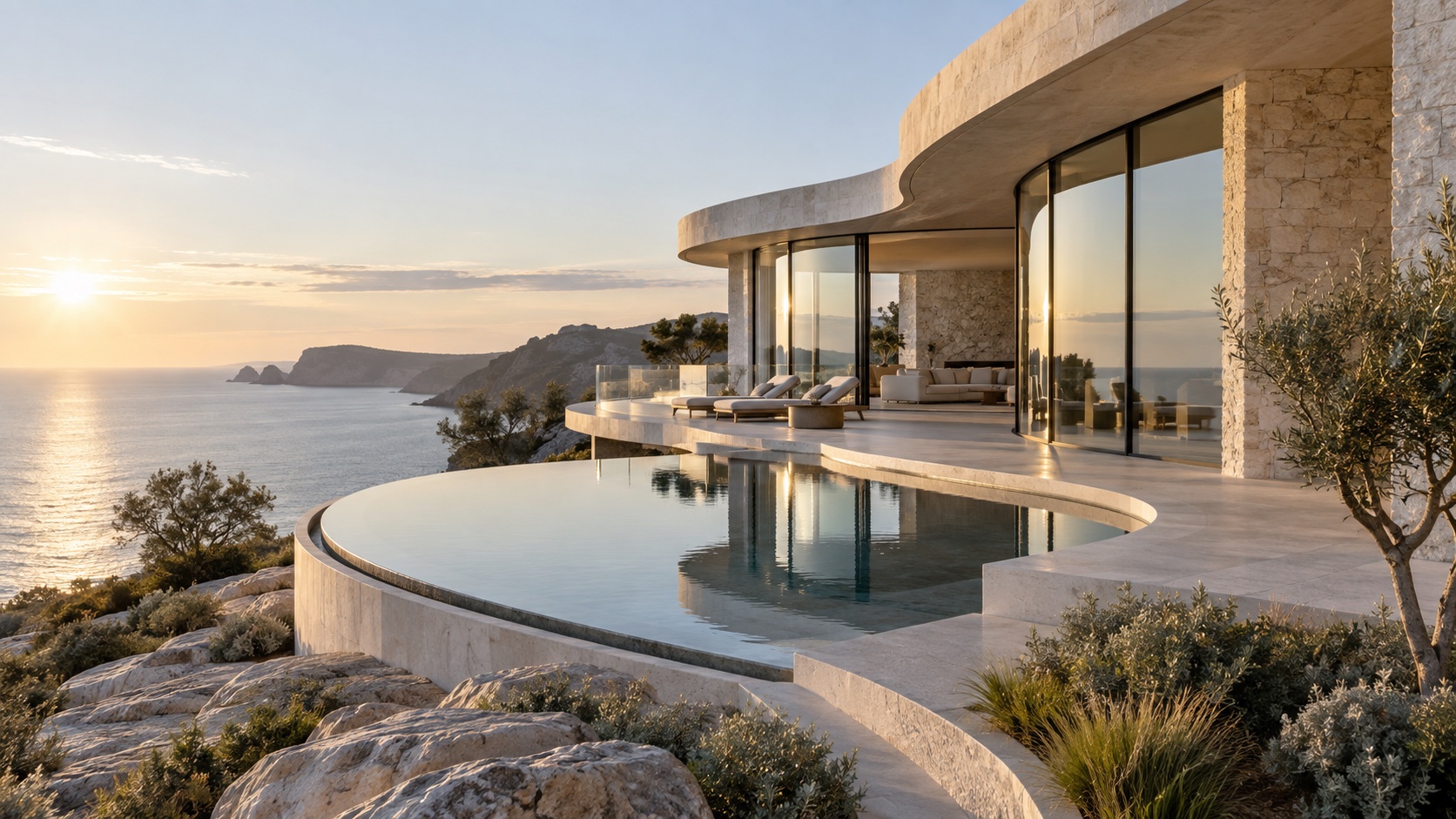 A curved concrete house with an infinity pool over a rocky coastline at sunset.