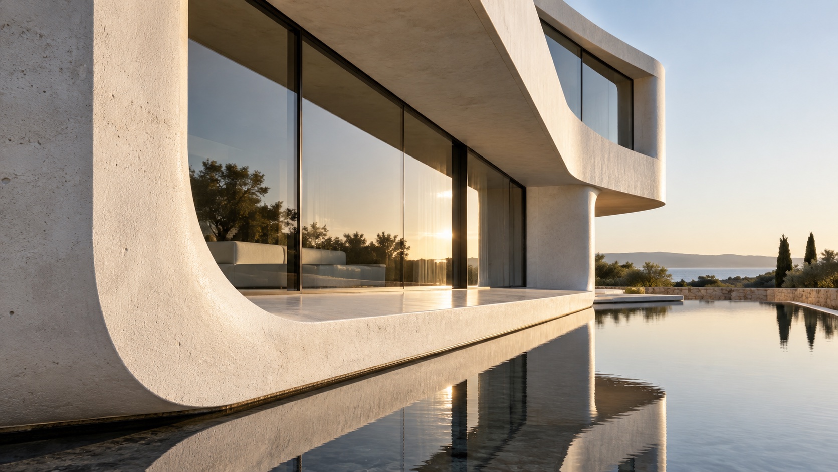 A cantilevered concrete facade with a sweeping curved wall reflected in a still pool at dusk.