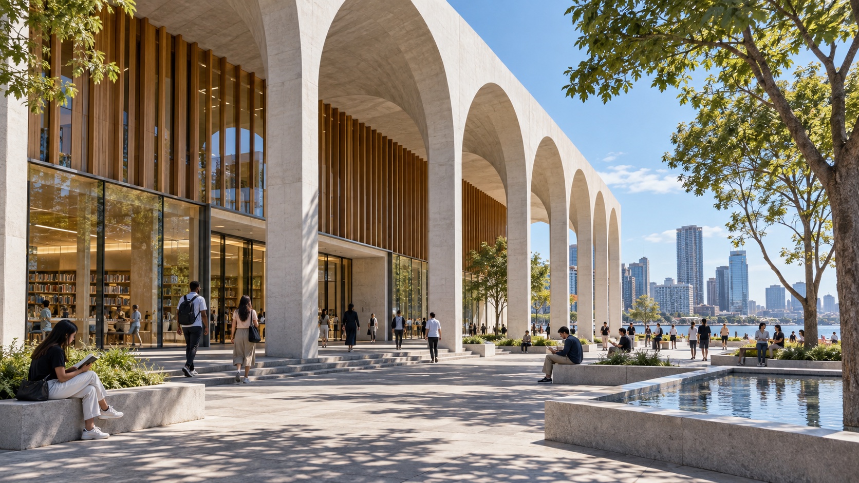 A library of white arches and timber louvres opening onto a plaza with a pool, city towers beyond.