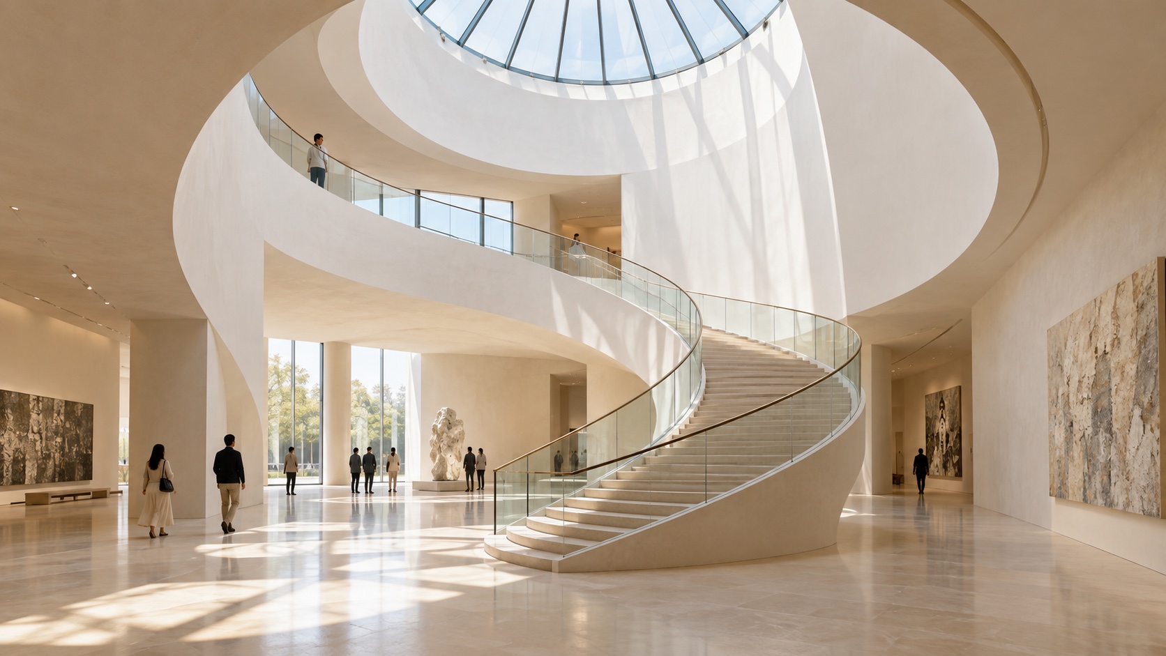 A white spiral stair rising under a round skylight in a bright atrium, people crossing the floor below.