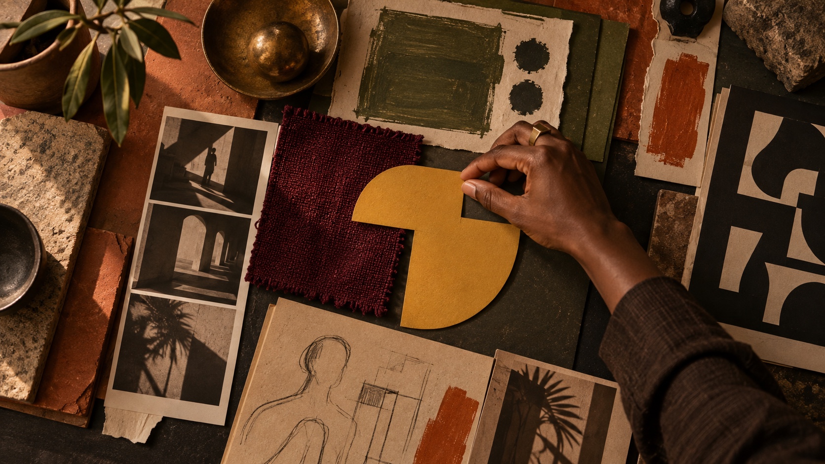 A hand places a yellow paper shape on a direction board of textiles, stone, sketches and photographs