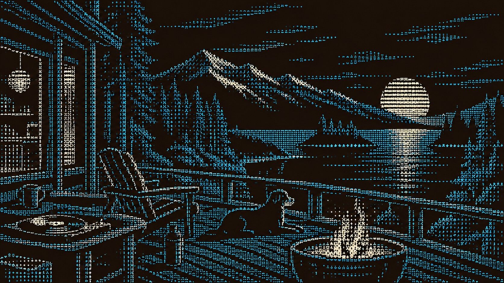 A cabin porch with a dog, a fire pit and a moonlit mountain lake, drawn in teal ASCII characters on black.