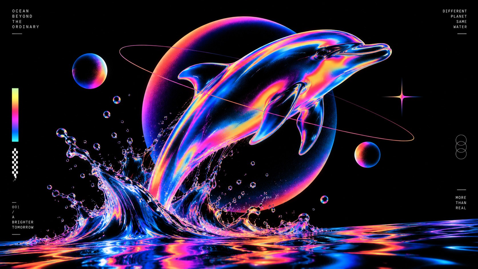 An iridescent gradient dolphin leaping from a splash of water in front of a glowing planet on black.