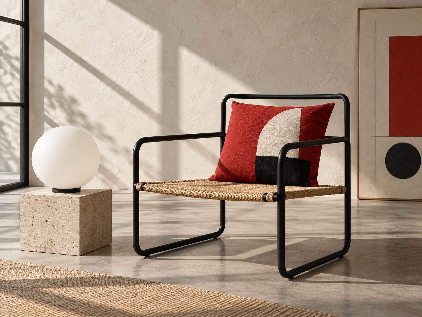 A black tubular chair, woven seat and primary-color cushion sit in a restrained modernist room.