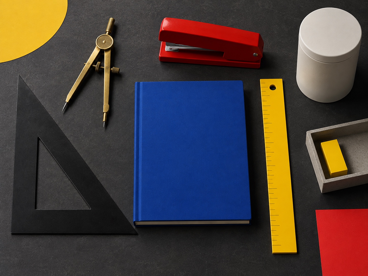 A compass, drafting triangles, primary-color tools and blank notebook create a disciplined Bauhaus worktable.