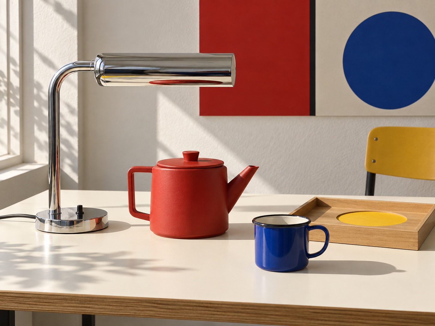 A tubular chrome lamp, red teapot, blue cup and wooden tray demonstrate a functional Bauhaus tabletop.