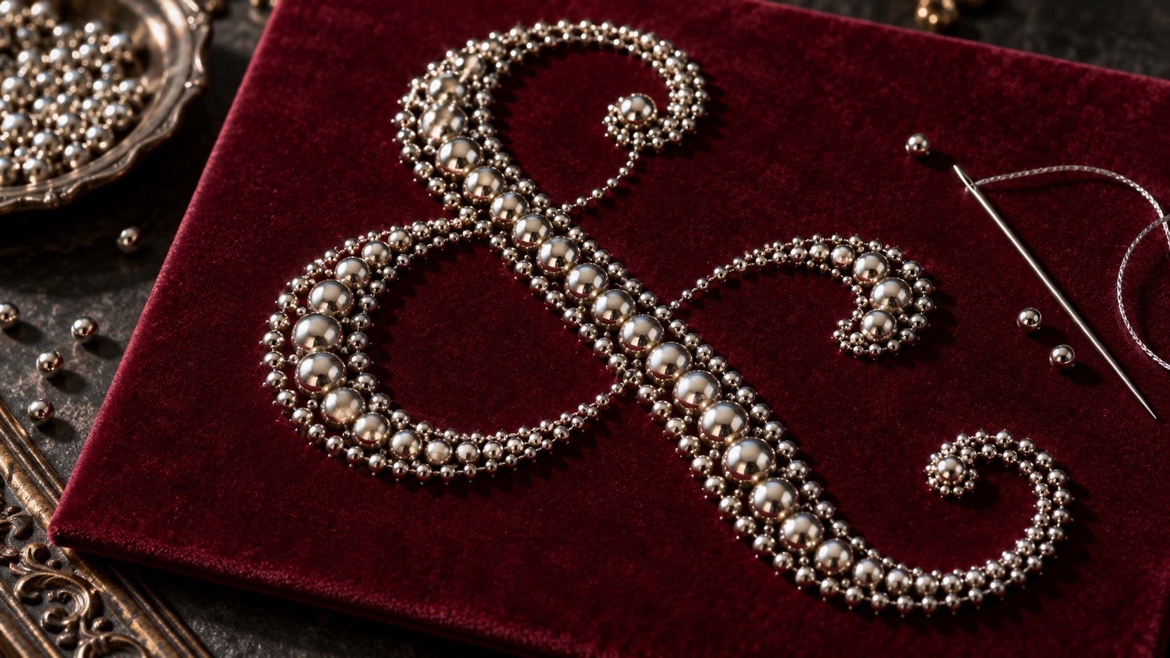 A flourished ampersand laid in chrome beads and pearls on deep red velvet, a tray of beads beside it.