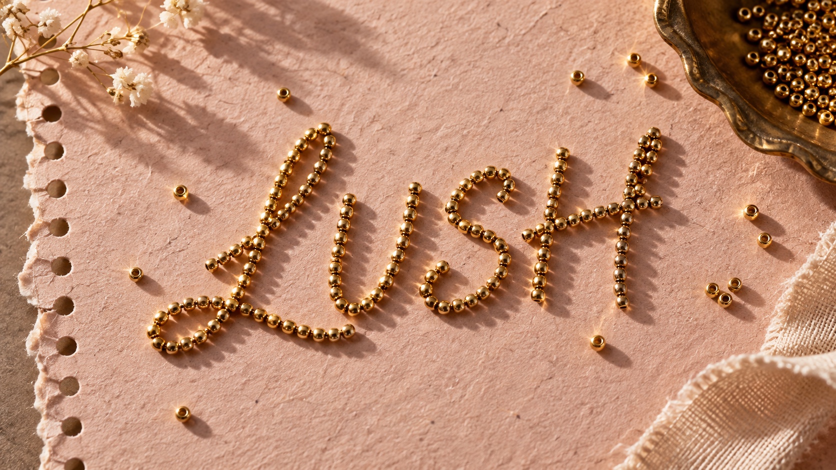 The word Lush spelled in gold beads on blush paper with a perforated edge, a gold dish of beads in the corner.
