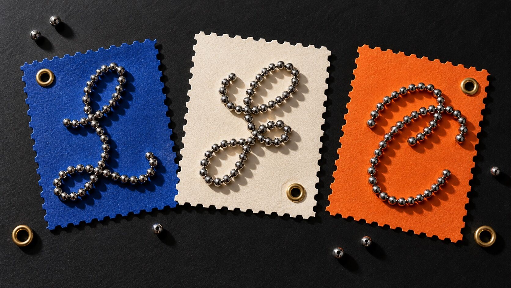 Three perforated stamp cards in cobalt, cream and orange, each with a beaded script letter and a brass eyelet.