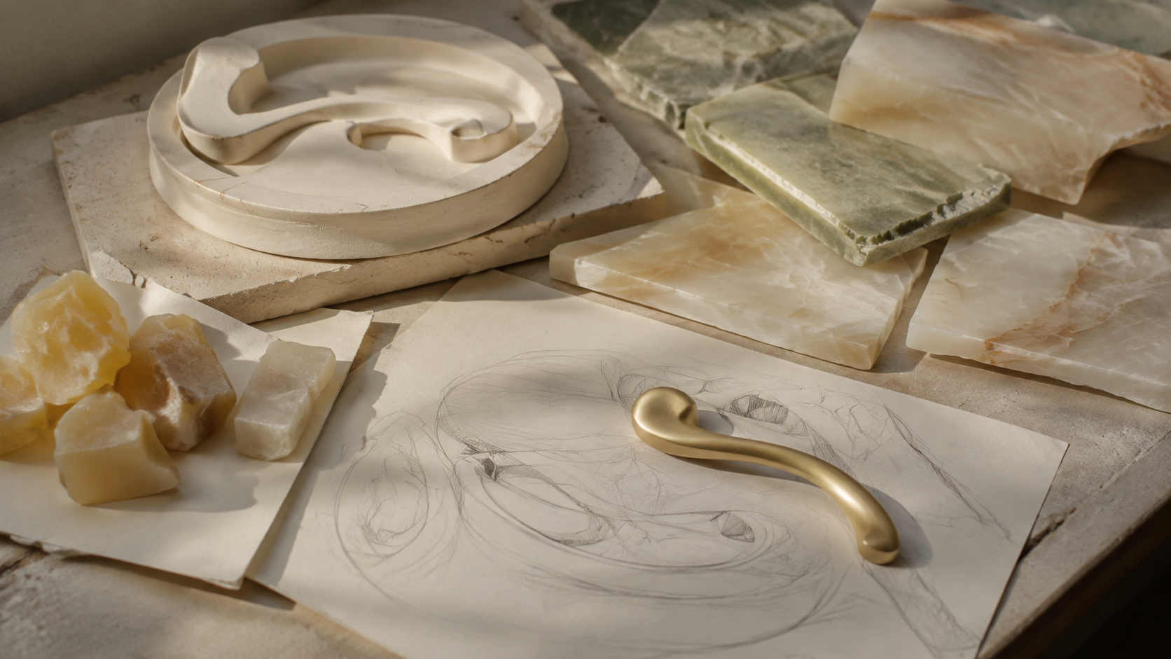 Biomorphic Modernism aesthetic: Material dossier scene