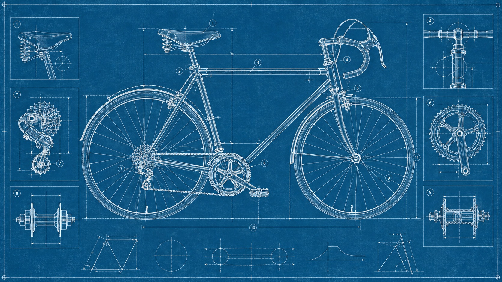 A precise white-line bicycle blueprint on cyanotype paper.