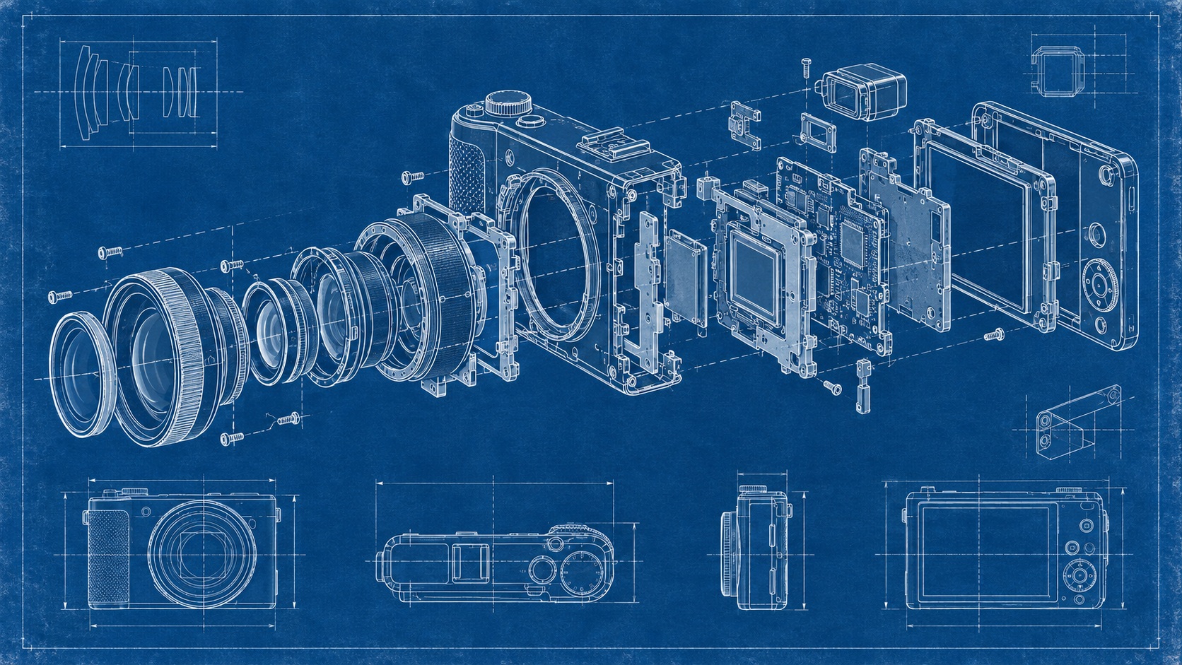 An exploded-view compact camera blueprint rendered in white on blue.