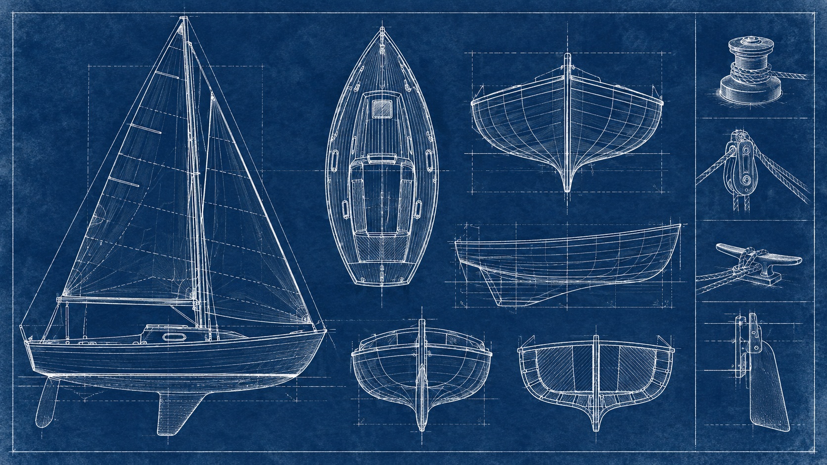 A refined cyanotype plan of a small sailing boat.