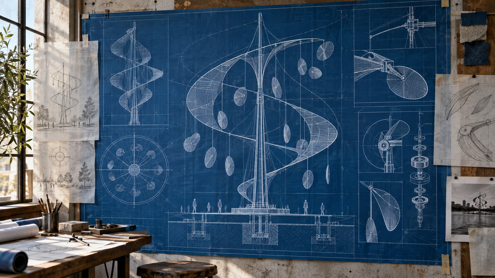 A cyanotype plan for a kinetic sculpture pinned in a light-filled studio.