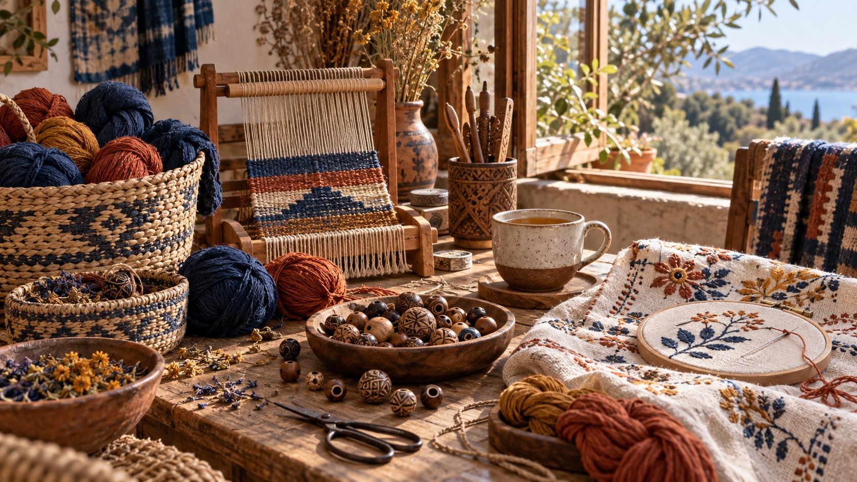 A sunlit artisan table with a small loom, dyed yarn, embroidery and carved beads.