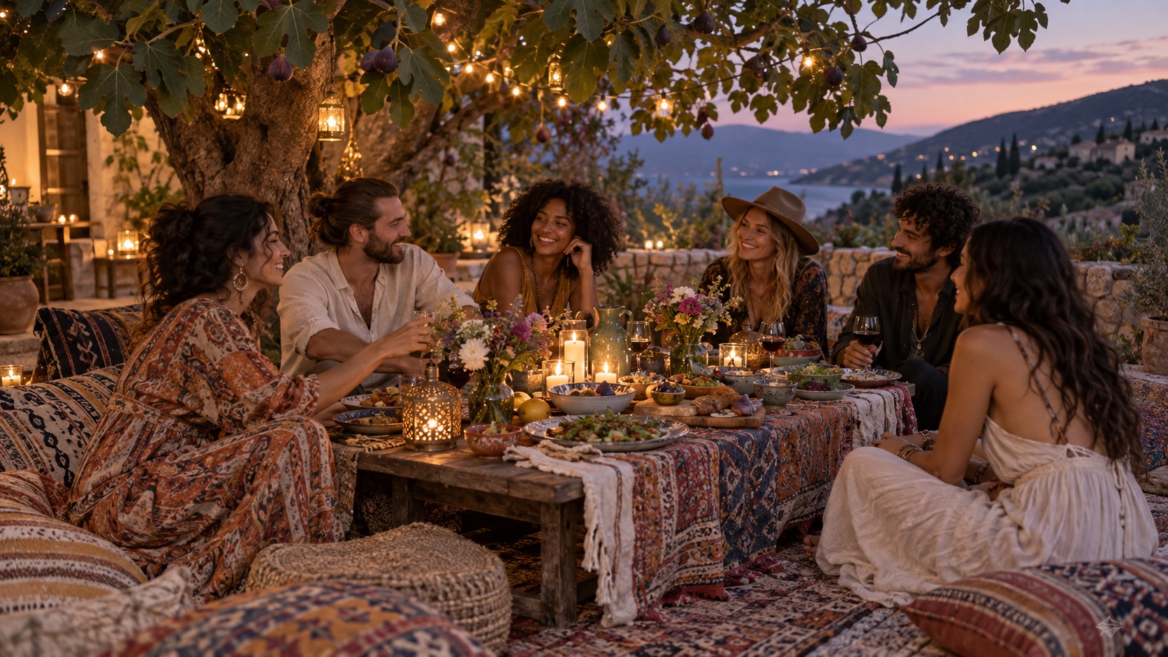 Friends sharing an outdoor supper at twilight beneath a fig tree.