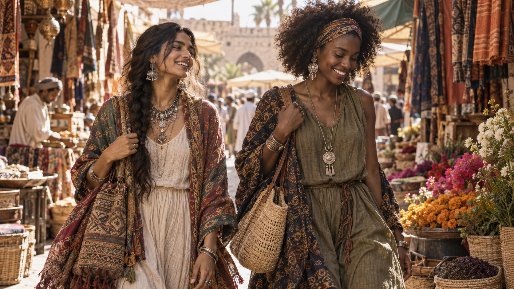 Two women in layered bohemian clothing and handmade jewelry at an open-air market.