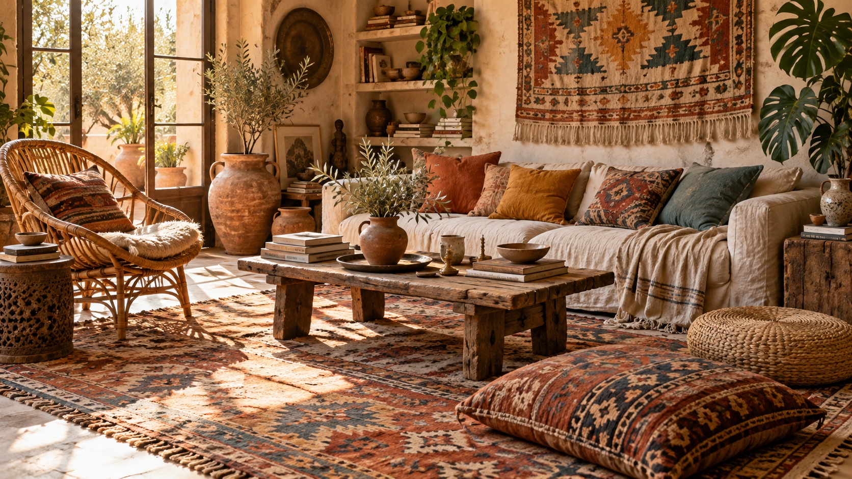 A warm bohemian room layered with textiles, rattan, plants, ceramics and books.