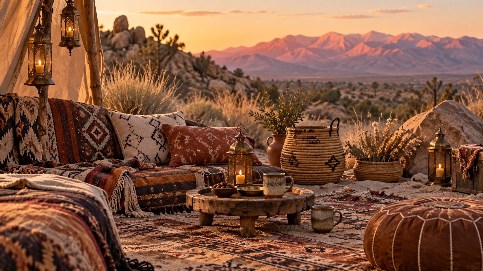 A patterned textile camp with lanterns and low cushions in a desert landscape.
