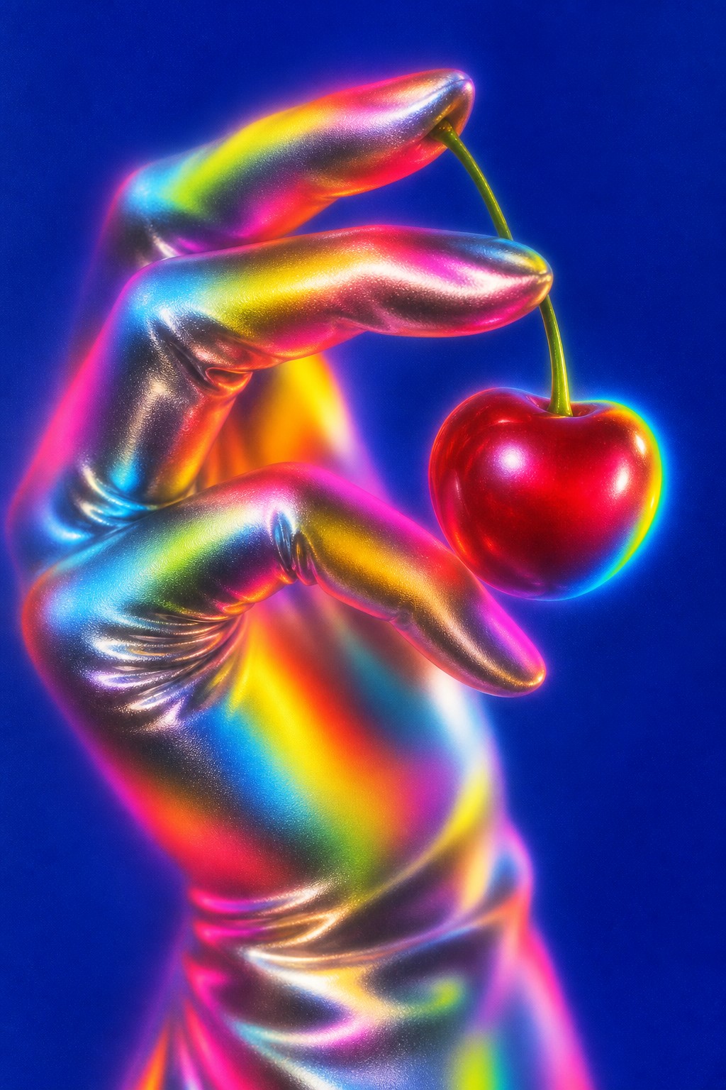 A hand in a chrome rainbow glove holding a glossy red cherry by its stem against deep cobalt.