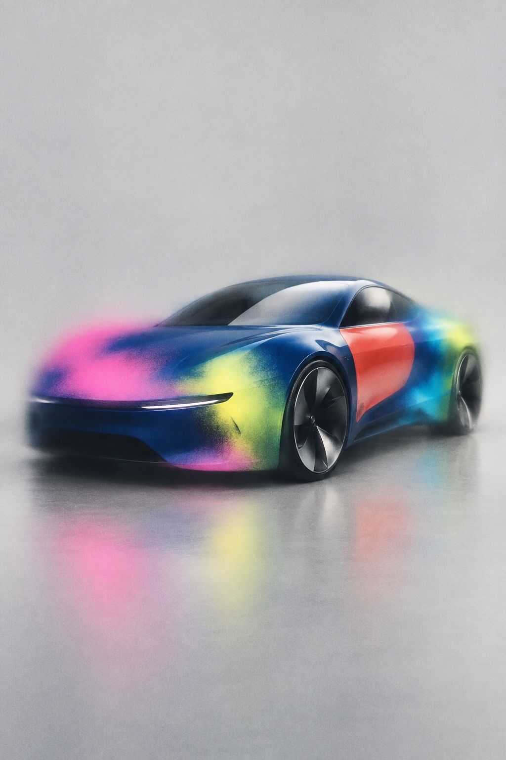 A sleek concept car in pink, cyan and green airbrush haze on a grey seamless studio floor, its edges dissolving.