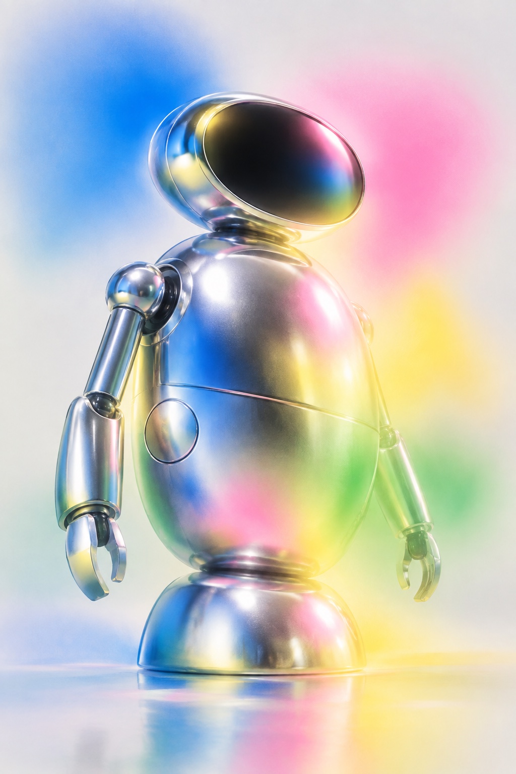 A rounded chrome robot reflecting pink, cyan and yellow haze in an empty studio.