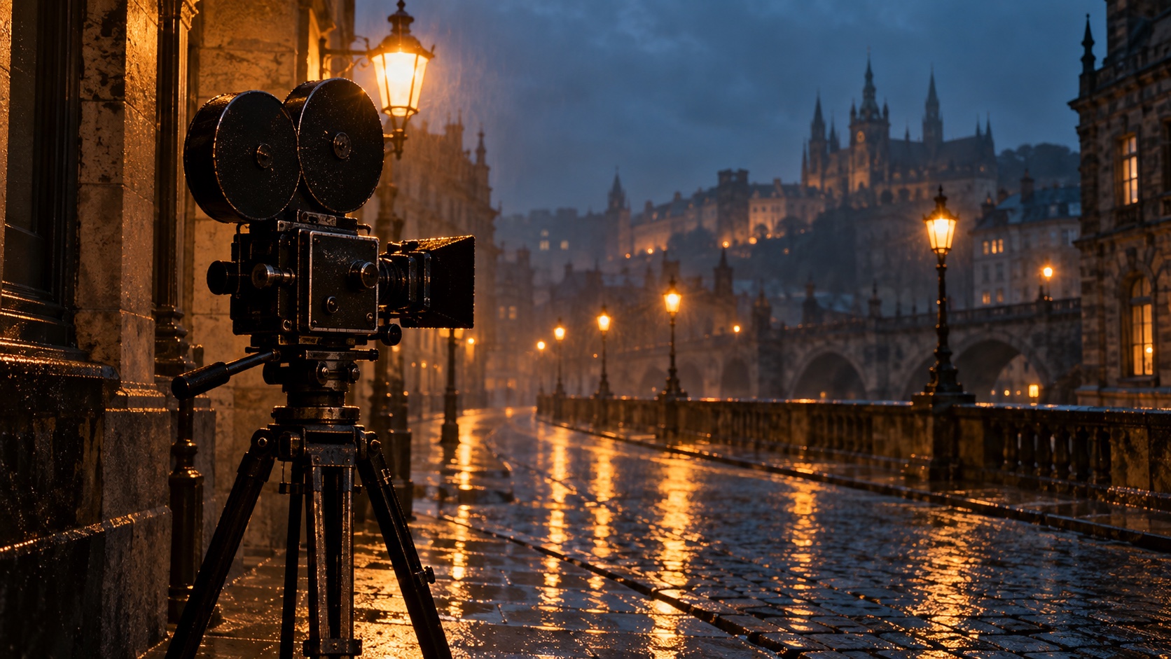 A vintage cine camera on a tripod on a rain-slick quay, lamps and a castle on the far bank at dusk.