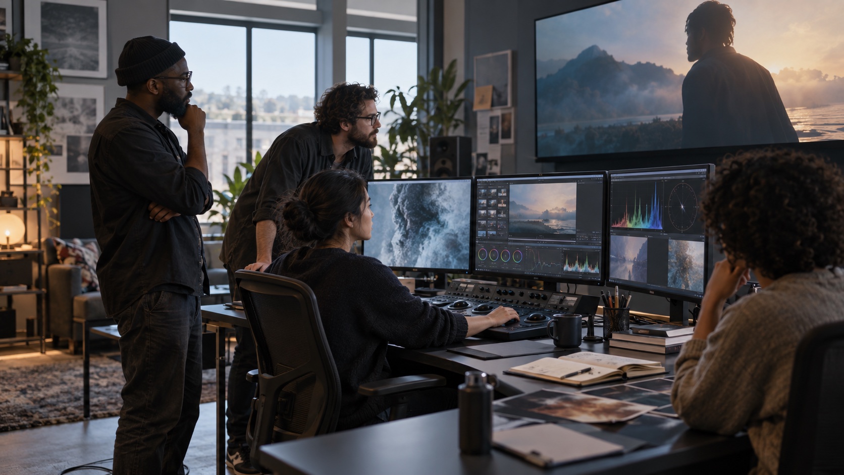 A colourist and crew grading a shot at a desk of monitors showing scopes and a film still.