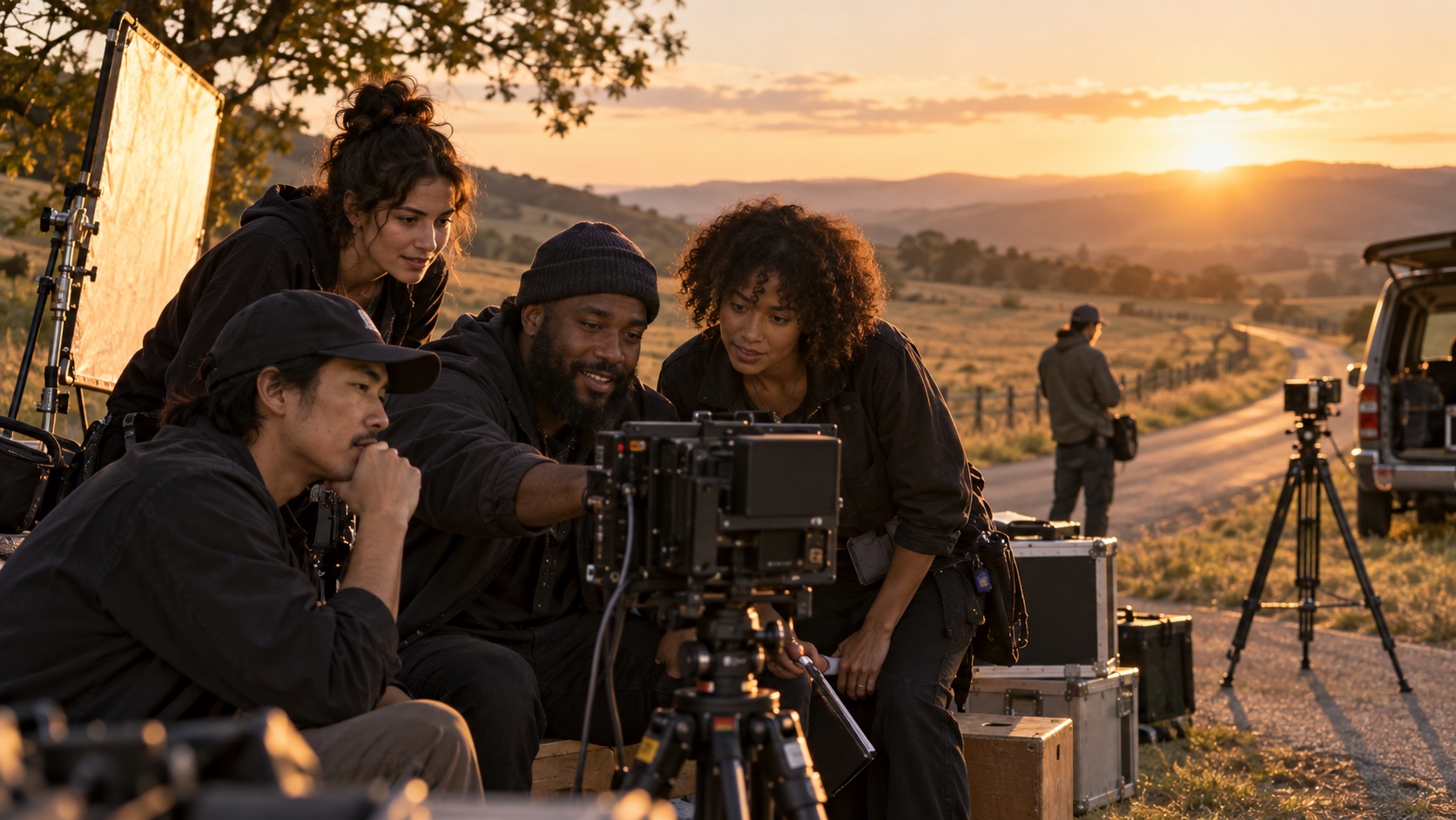 A crew crowded round a camera on a hillside road at sunset, checking the shot in the last light.