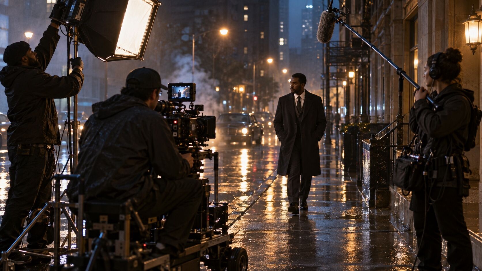 A night street scene being filmed in the rain, the crew with camera and boom around an actor on wet cobbles.