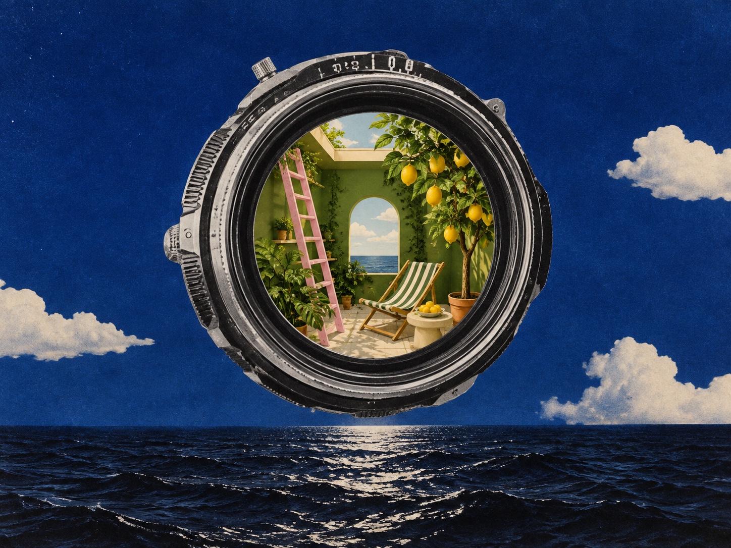 A vintage camera lens frames a lemon garden, pink ladder and striped chair above a moonlit sea.